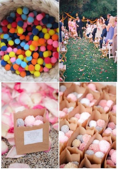 Pompones de lana como arroz en bodas